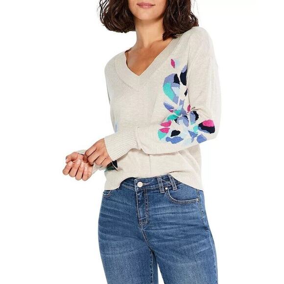 NIC and ZOE Sweaters - NIC + ZOE 2X Floral Intarsia Sweater Beige V-Neck Cotton Blend Pullover NWT
